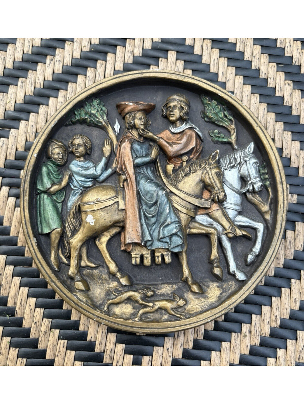 "Courtship" Two Lovers Kissing on horse back Medieval Marcus Design  Clay Plaque